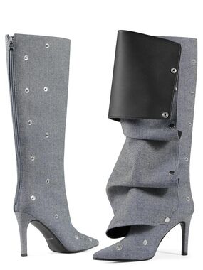 Blue Jean Studded Knee-High Stiletto Boots - Women Size 6